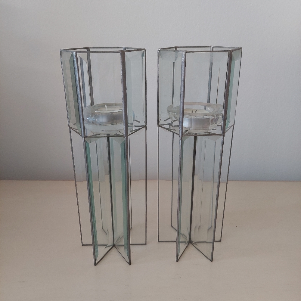 Beveled Glass and Pewter Candleholders